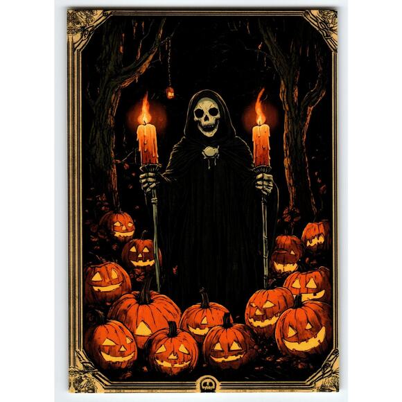 Vintage Halloween Grim Reaper & Jack-O'-Lanterns Photochrome Postcard - Picture 1 of 2